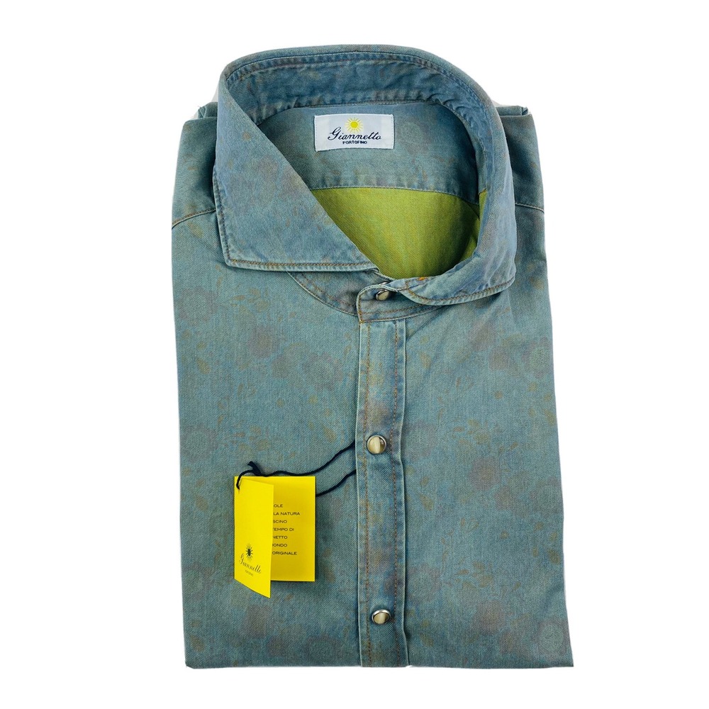 Giannetto Portofino Blue Floral Pearl Snap Denim Shirt Mens L NWT Made in Italy